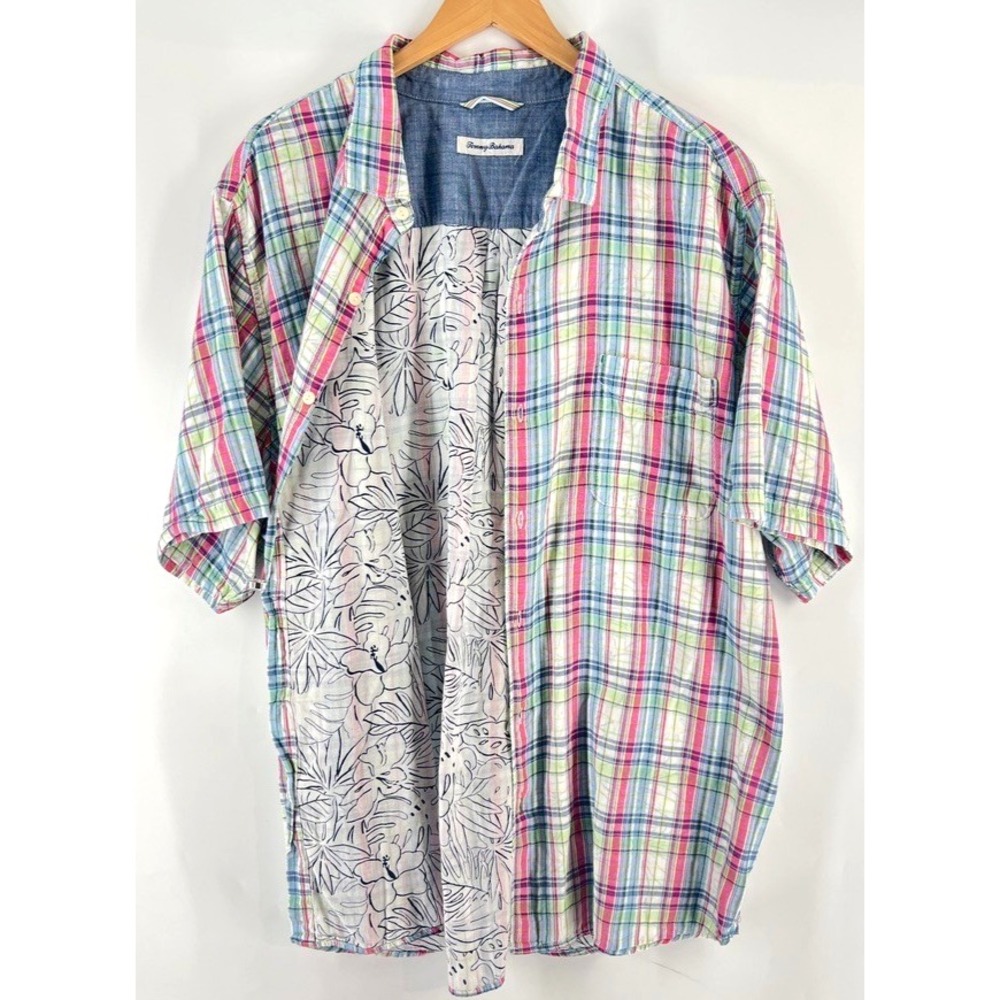 Tommy Bahama Shirt XXL 2XL Plaid Double Layer Cotton Floral Camp Short Sleeve